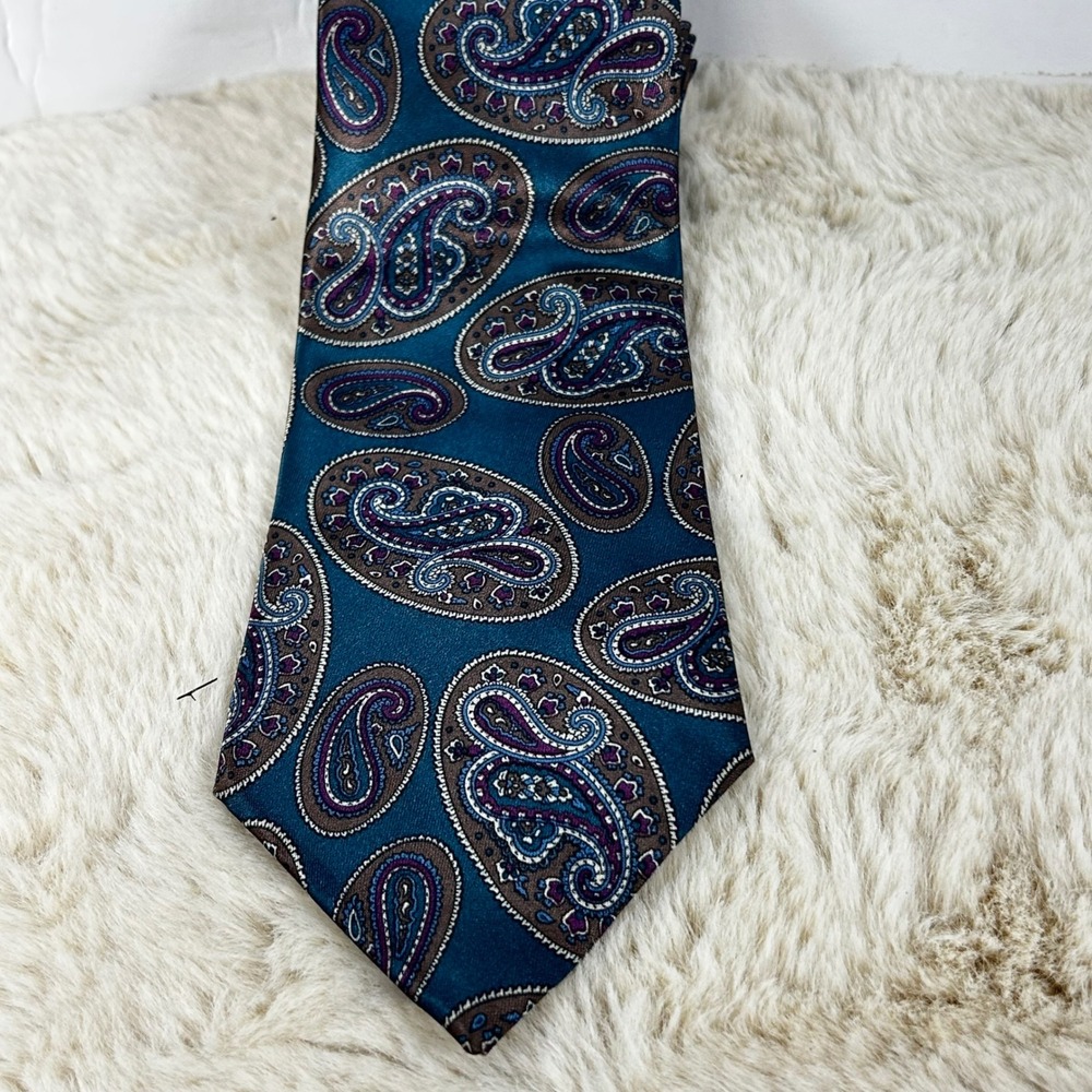 Wembley Starshine‎ Paisley Necktie Teal Blue Brown Purple Silk Blend USA Made